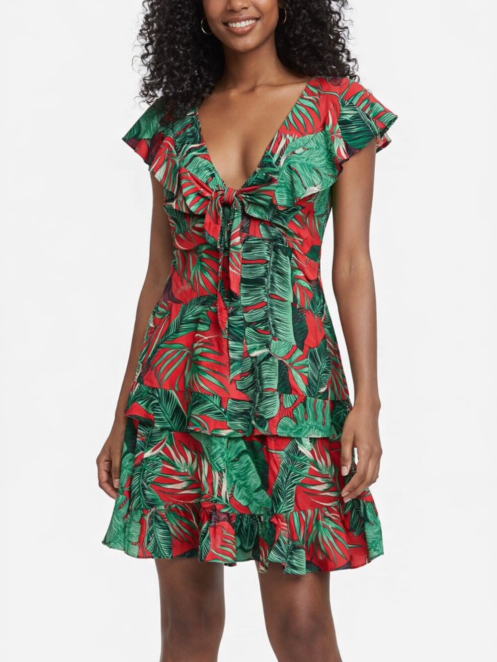 Buru Teagan Tropical Palm Tiered Mini Dress Size S/M